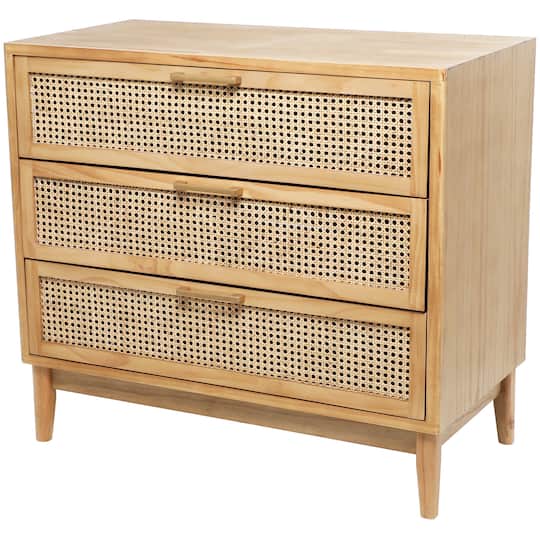 32&#x22; Wood 3-Drawer Cabinet with Cane Front Drawers &#x26; Gold Handles
